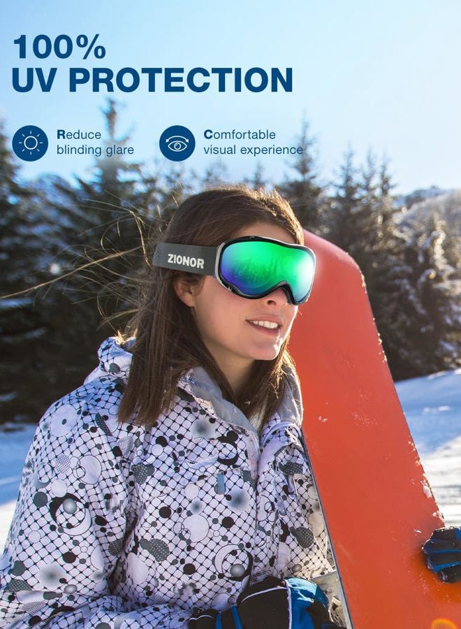 ZIONOR Lagopus Ski Snowboard Goggles UV Protection Anti fog Snow Goggles for Men Women Adult Youth VLT 18% Black Frame Mirrored Green Lens - Image 4