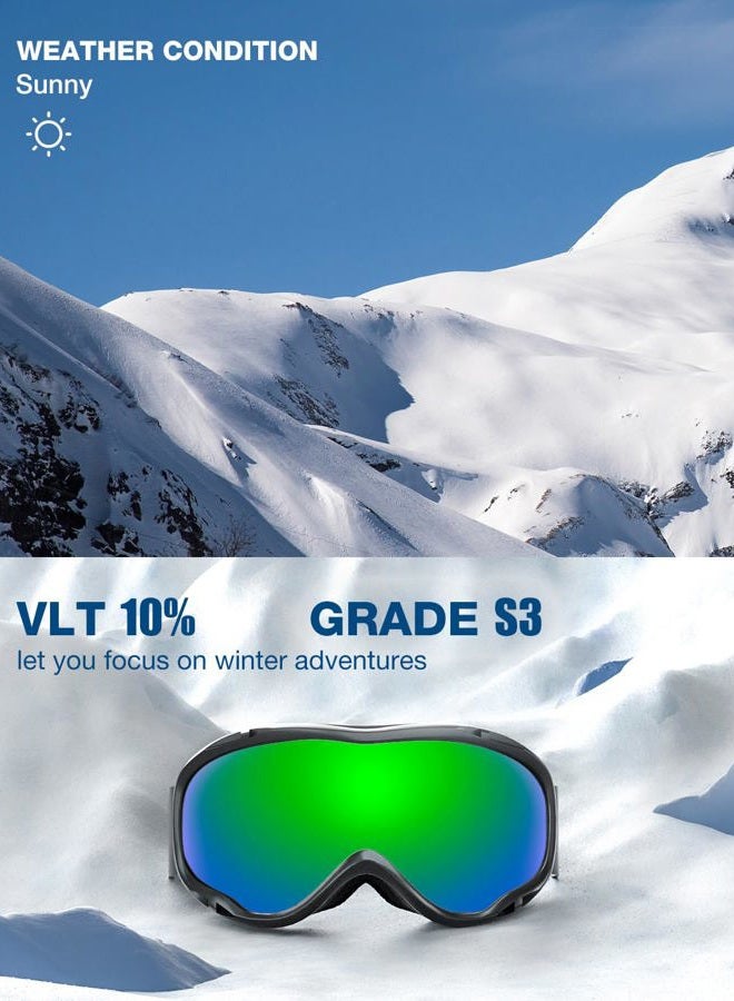 ZIONOR Lagopus Ski Snowboard Goggles UV Protection Anti fog Snow Goggles for Men Women Adult Youth VLT 18% Black Frame Mirrored Green Lens - Image 2