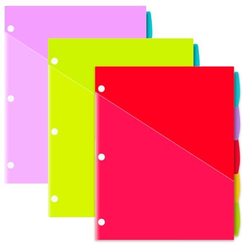 INFUN Plastic 5-Tab Binder Dividers with 2 Pockets - 3 Sets,15PCS Multicolor 2 Pocket Dividers with 3 Holes for 3 Ring Binders ，Total 15 Tabs - Image 1