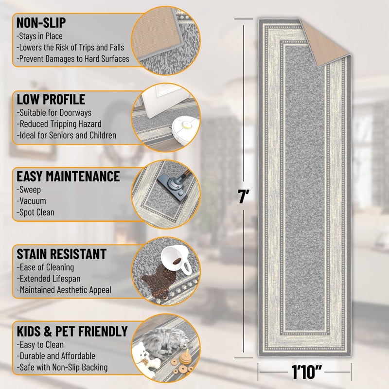 Ottomanson Runner Rug 1'10" x 7' â€“ Non Slip Rubber Backed Kitchen Rug for Sink Area, Hallway Carpet Runner, Low Pile Indoor Runner Rug for Laundry Room and Entryway, Border Light Gray - Image 2