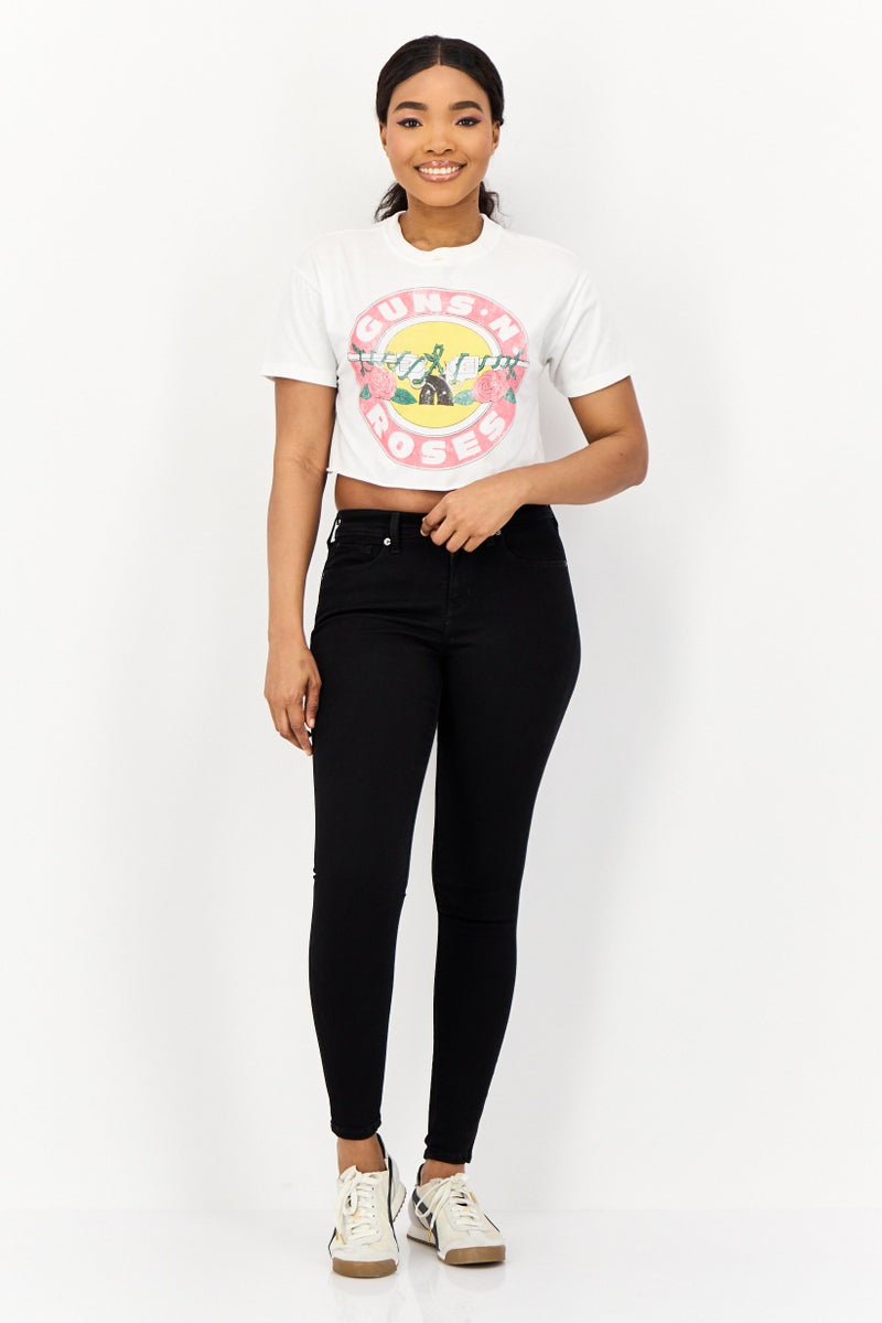 Pull & Bear Guns N Roses x Pull Bear Women Crew Neck Short Sleeves Graphic Print Crop T-shirt, White  - Image 4