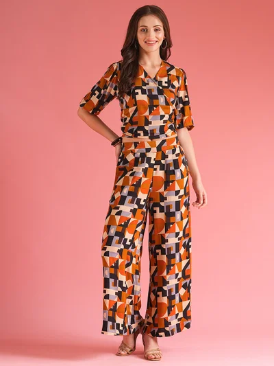 جلو باص Women Abstract Wrap Neck Tie Back Top With Palazzos Co-Ord Set
