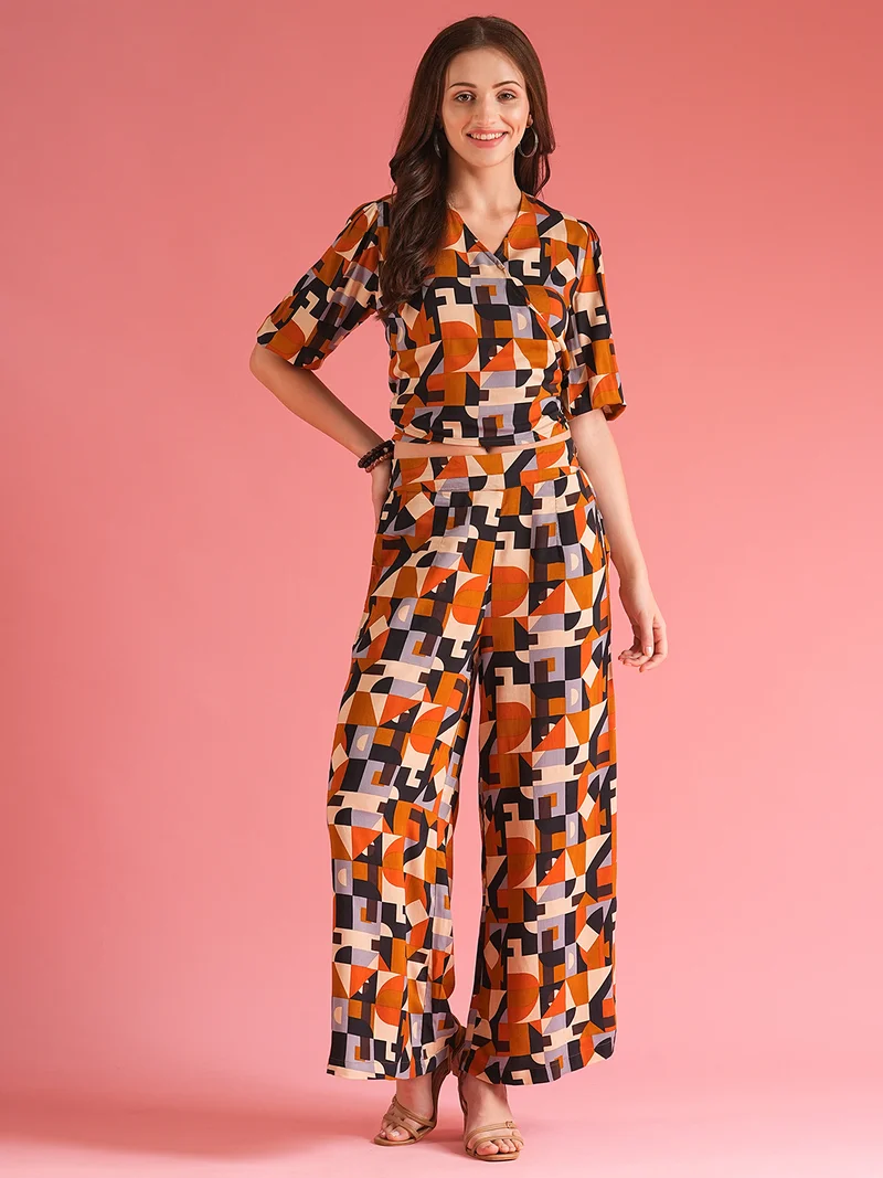 جلو باص Women Abstract Wrap Neck Tie Back Top With Palazzos Co-Ord Set