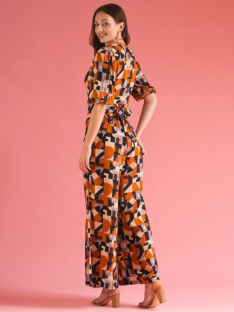 جلو باص Women Abstract Wrap Neck Tie Back Top With Palazzos Co-Ord Set