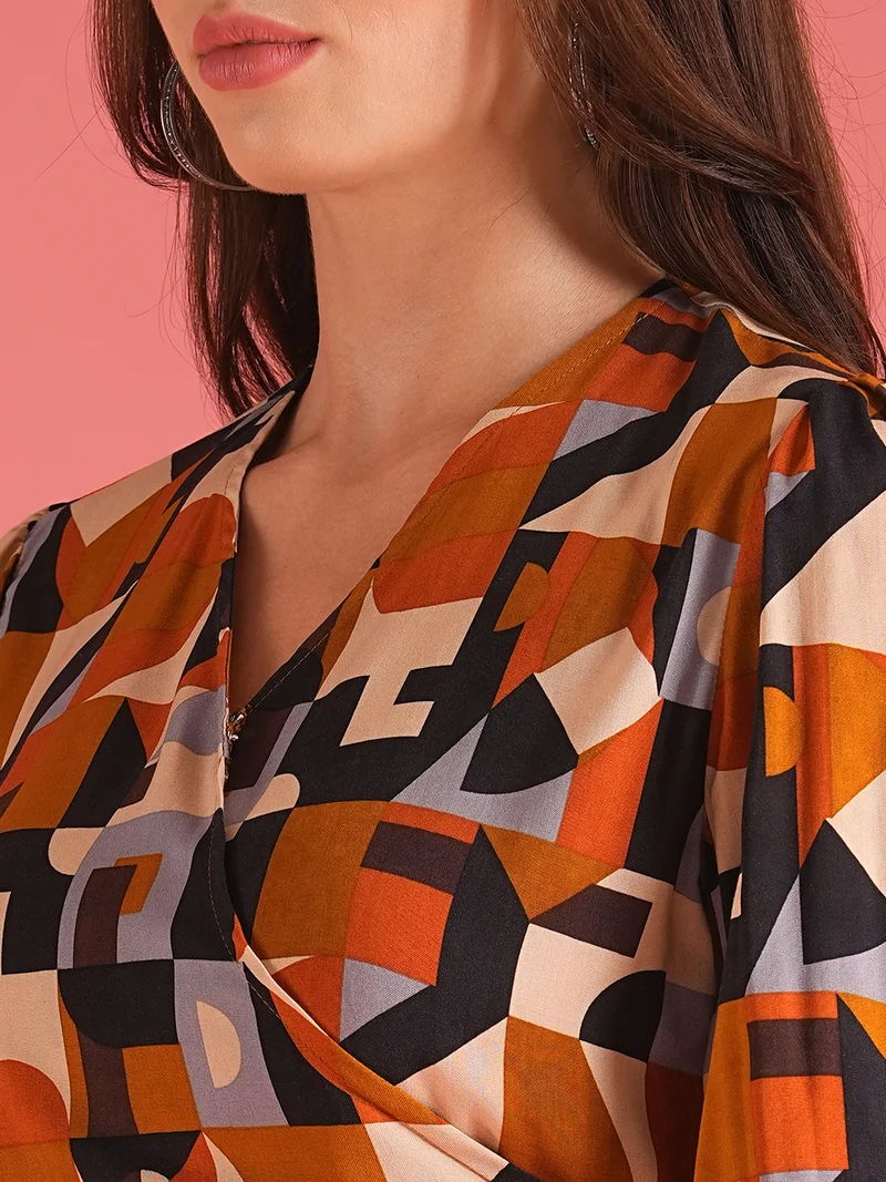 جلو باص Women Abstract Wrap Neck Tie Back Top With Palazzos Co-Ord Set