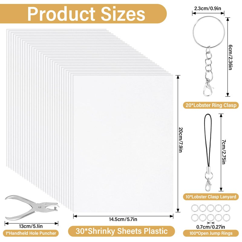 CRTWDMAN 161 Pcs Shrink Paper Keychain Kit,with 30 Pcs Shrinky Plastic Sheets 7.9"x5.7",Hole Punch,Lobster Clasps,Jump Rings DIY Crafts for Adults and Teens - Image 2