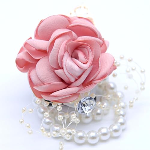Fstrend Bridal Wrist Corsage with Pink Satin Rose, Pearl Beads and Rhinestone, Wedding Flower Bracelet - Image 3