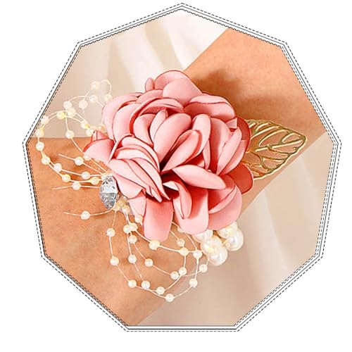 Fstrend Bridal Wrist Corsage with Pink Satin Rose, Pearl Beads and Rhinestone, Wedding Flower Bracelet - Image 1
