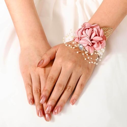 Fstrend Bridal Wrist Corsage with Pink Satin Rose, Pearl Beads and Rhinestone, Wedding Flower Bracelet - Image 4
