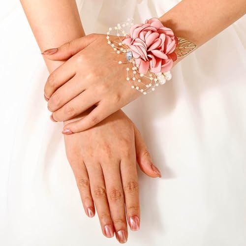 Fstrend Bridal Wrist Corsage with Pink Satin Rose, Pearl Beads and Rhinestone, Wedding Flower Bracelet - Image 5
