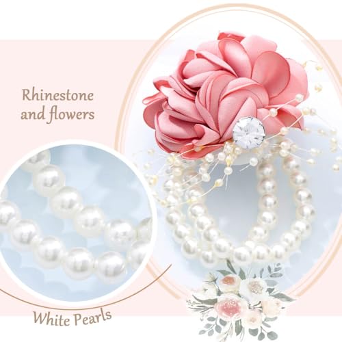 Fstrend Bridal Wrist Corsage with Pink Satin Rose, Pearl Beads and Rhinestone, Wedding Flower Bracelet - Image 2