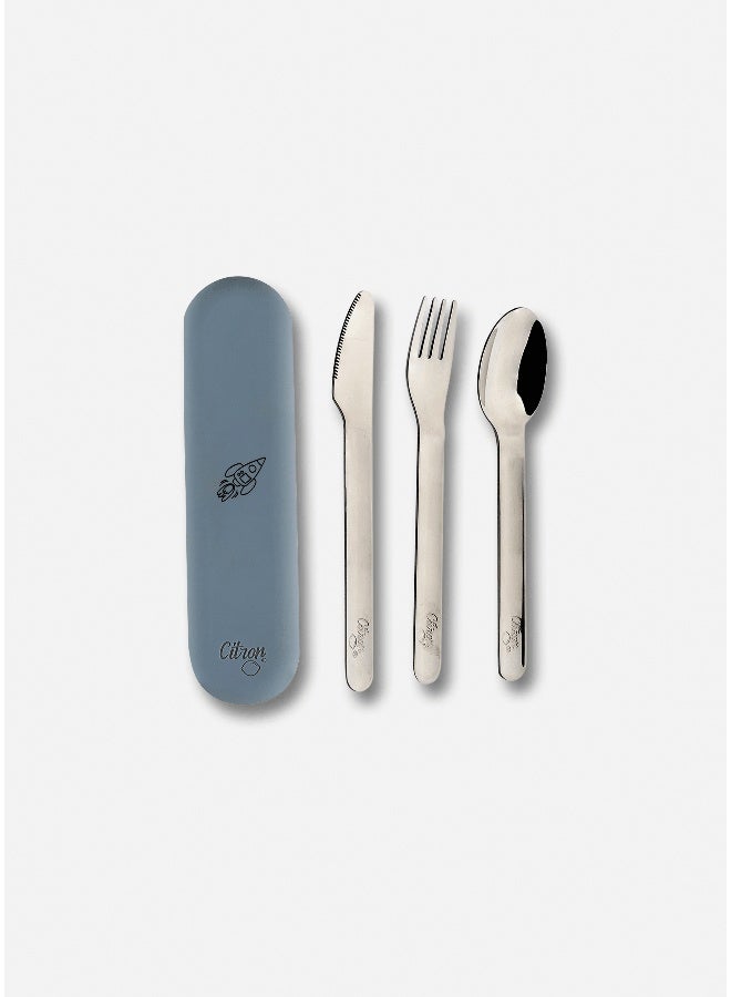 Citron Stainless Steel Cutlery Set - Spaceship - Dusty Blue + Case - Image 3