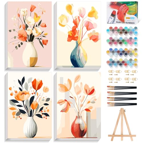 Offito 4 Pack Framed Paint by Numbers Kit for Adults Beginners with Wooden Easel, Flowers Easy Paint by Number Kit with Frame, Watercolor Adult Paint by Number Framed Canvas (8 * 12 Inch) - Image 1
