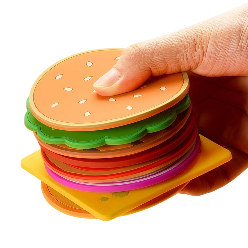 WOCOCN Hamburger Funny Coasters for Drink,Waterproof,Stain Resistant, and Elastic, Used to Protect and Desk Decor,Dining Table Decor,Coffee Table Decor,Christmas Coasters Set of 8 - Image 1