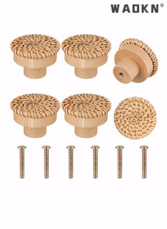 WAOKN Wooden Drawer Knobs, Rattan Dresser Knobs Round Handmade Wicker Woven and Screws for Boho Furniture Cabinets Handles Hardware Pulls Cabinet (6 Knobs and 6 Screws)  - Image 1