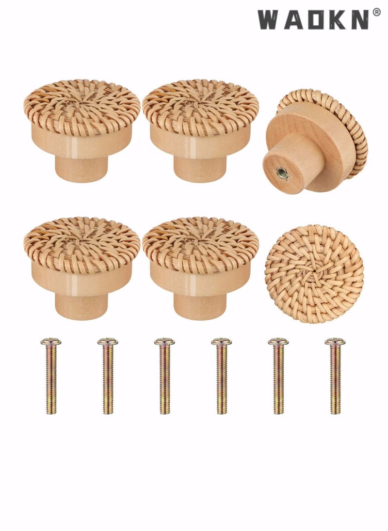 WAOKN Wooden Drawer Knobs, Rattan Dresser Knobs Round Handmade Wicker Woven and Screws for Boho Furniture Cabinets Handles Hardware Pulls Cabinet (6 Knobs and 6 Screws)  - Image 1