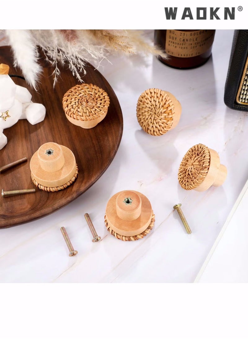 WAOKN Wooden Drawer Knobs, Rattan Dresser Knobs Round Handmade Wicker Woven and Screws for Boho Furniture Cabinets Handles Hardware Pulls Cabinet (6 Knobs and 6 Screws)  - Image 2
