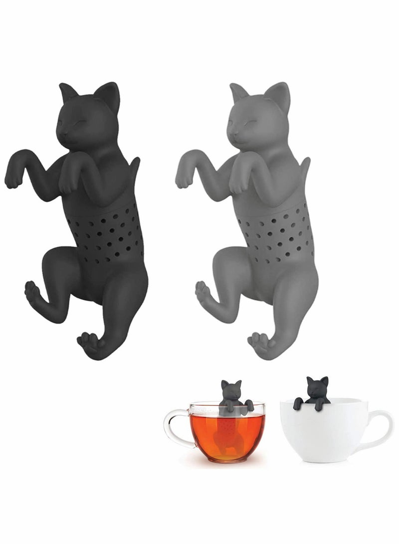 Cat Tea Infuser, Tea Infuser, Silicone Tea Strainer, Tea Filter,Tea Ball,   Cat Shape, Tea Filter, Reusable Cartoon Tea Strainer, 100% BPA (Grey and Black) Pack of 2 - Image 1