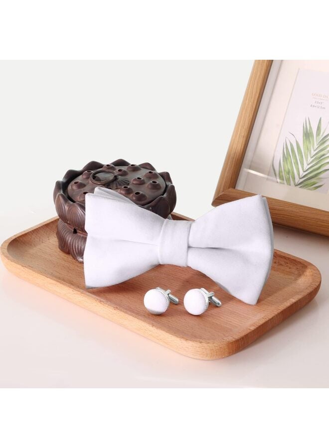 Men's Pre-tied Bowties Velvet Solid Color Adjustable Bow Tie and Pocket Square with Cufflinks for Wedding Party (Color : White) - Image 4