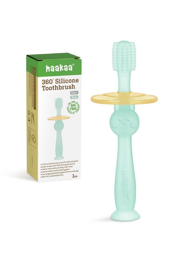 haakaa 360° Baby Toothbrush with Suction Base - Gentle Cleaning for Toddler's Self-Brushing Training, Food-Grade Silicone, Adjustable Safety Shield - Blue (1 Piece) - Image 1