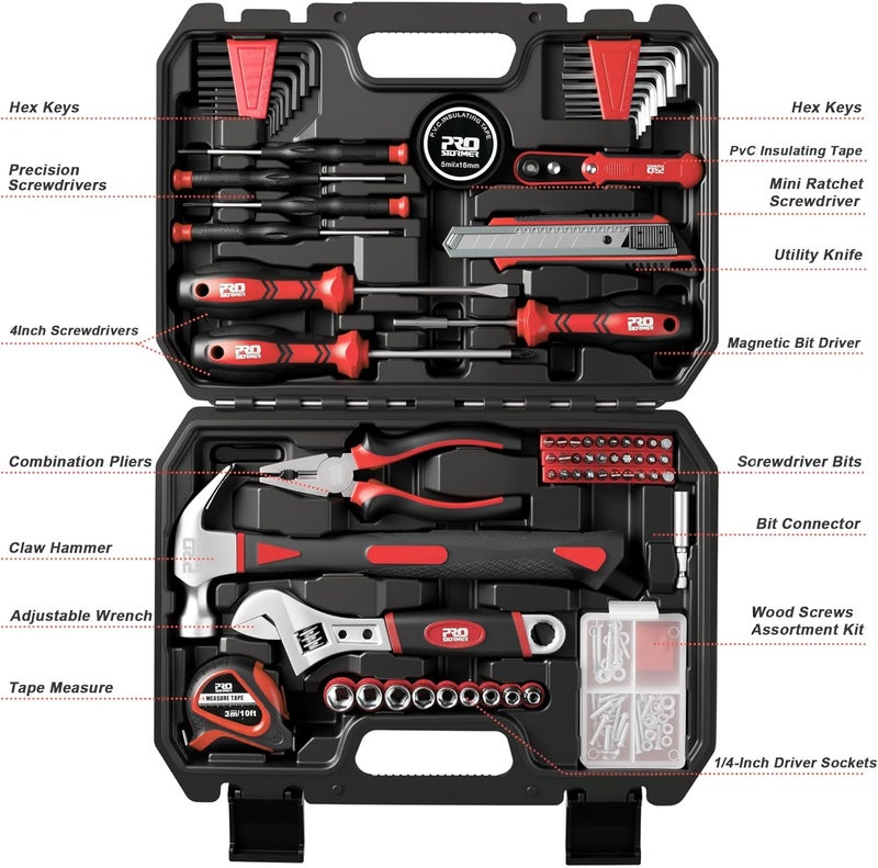 Prostormer 160-Piece Home Repair Tool Set, General Household Hand Tool Kit with Toolbox Storage Case for House, Garage, College Dorm and Office (Red) - Image 3