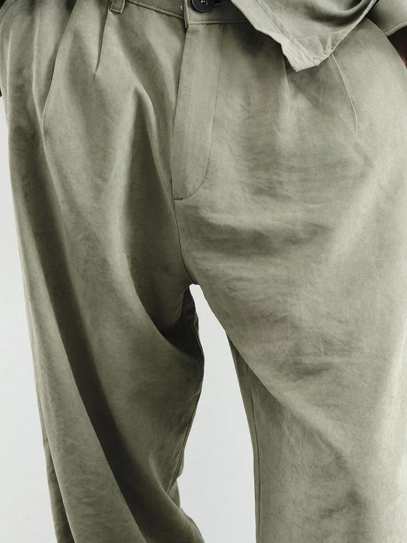Giesto Khaki Green GIESTO Men's Mid Waist Wide Leg Pleated Pants for Men | Best Price UAE