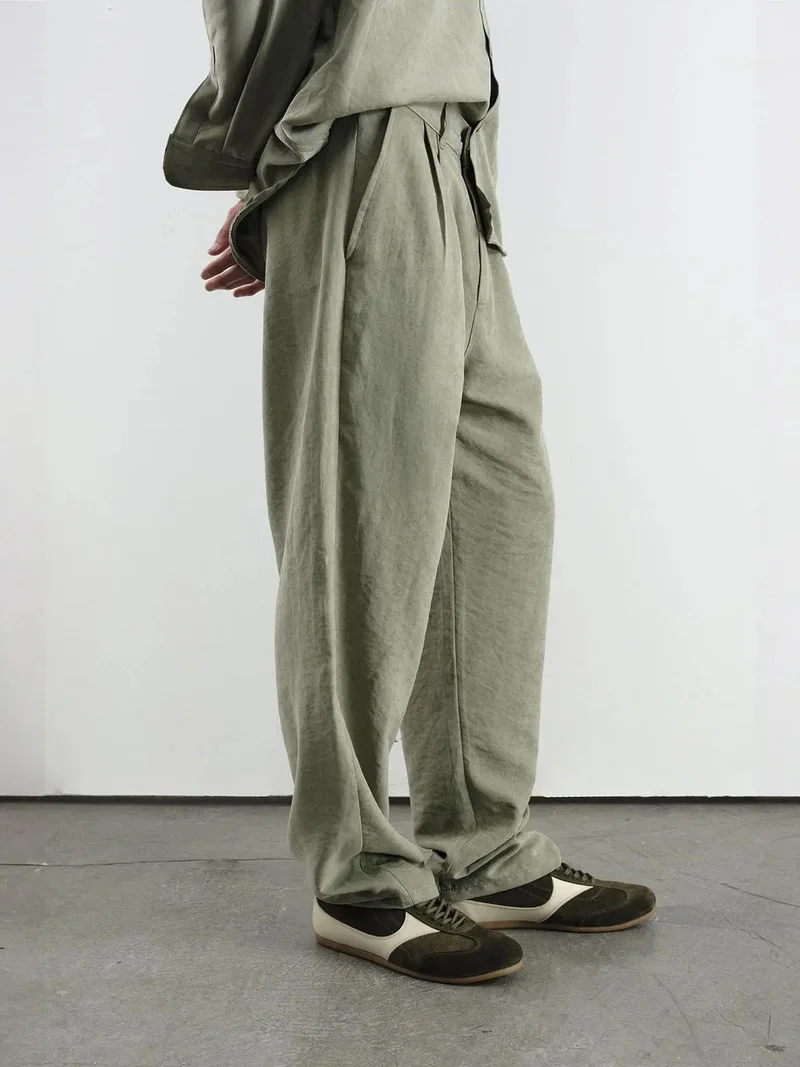 Giesto Khaki Green GIESTO Men's Mid Waist Wide Leg Pleated Pants for Men | Best Price UAE