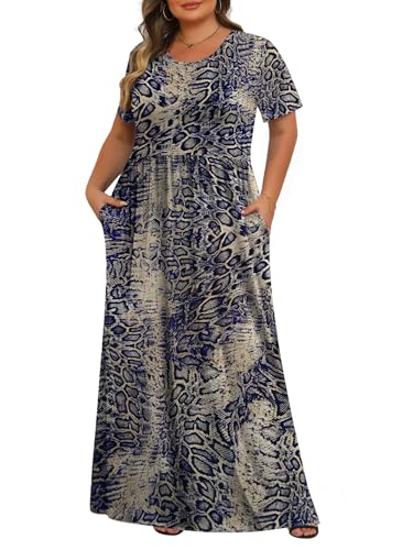 Tencede Womens Plus Size Maxi Dresses Summer 2026 Casual Short Sleeve with Pockets Long Dress Blue Snake Skin 3X - Image 1