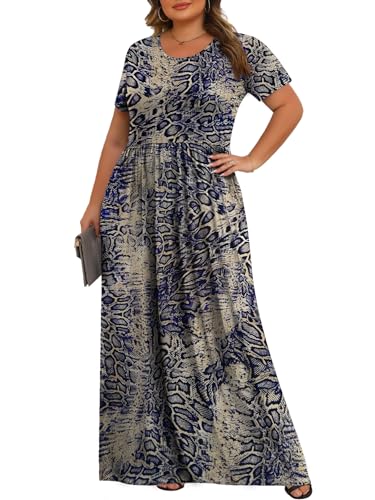 Tencede Womens Plus Size Maxi Dresses Summer 2026 Casual Short Sleeve with Pockets Long Dress Blue Snake Skin 3X - Image 2