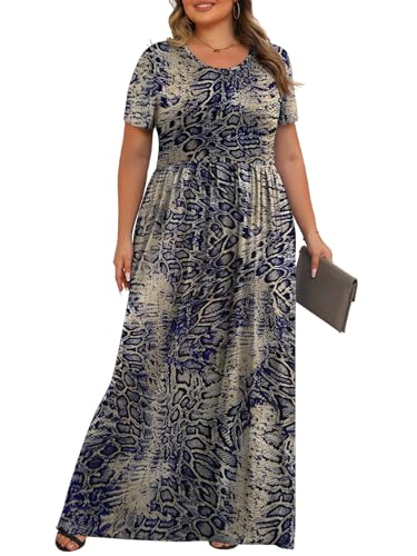 Tencede Womens Plus Size Maxi Dresses Summer 2026 Casual Short Sleeve with Pockets Long Dress Blue Snake Skin 3X - Image 3