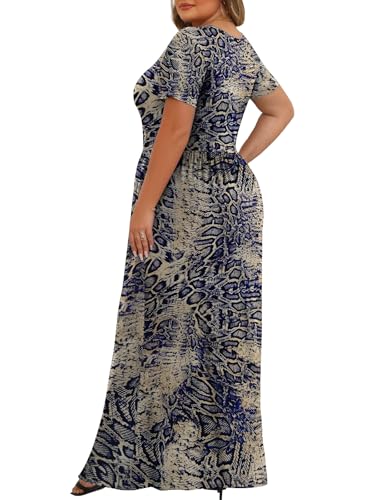 Tencede Womens Plus Size Maxi Dresses Summer 2026 Casual Short Sleeve with Pockets Long Dress Blue Snake Skin 3X - Image 4