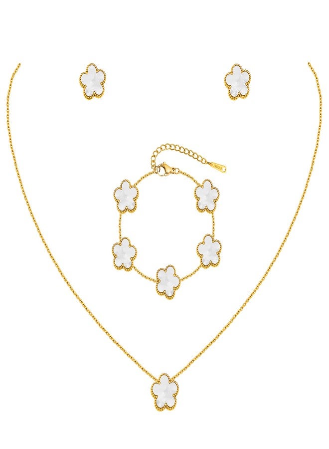 MPRAINBOW طقم قلائد وأساور وأقراط ذهبية - سوار مزهر سلسلة مطلي بالذهب عيار 18، مجوهرات أقراط مزهر من الفولاذ المقاوم للصدأ غير قابلة للتأكسد، هدية محظوظة لعيد الميلاد أو عيد الميلاد للأم أو الزوجة أو الابنة أو الصديقة. - Image 1