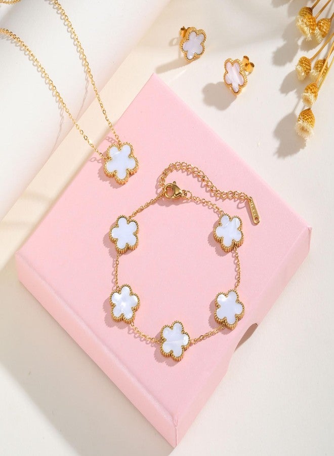 MPRAINBOW طقم قلائد وأساور وأقراط ذهبية - سوار مزهر سلسلة مطلي بالذهب عيار 18، مجوهرات أقراط مزهر من الفولاذ المقاوم للصدأ غير قابلة للتأكسد، هدية محظوظة لعيد الميلاد أو عيد الميلاد للأم أو الزوجة أو الابنة أو الصديقة. - Image 2