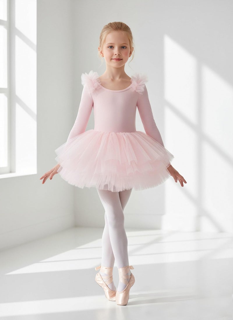 KARETT Toddler Tutu with Long Sleeve Ballerina Dance Outfits Ballet Leotards for Girls Pink 1-2Y - Image 2