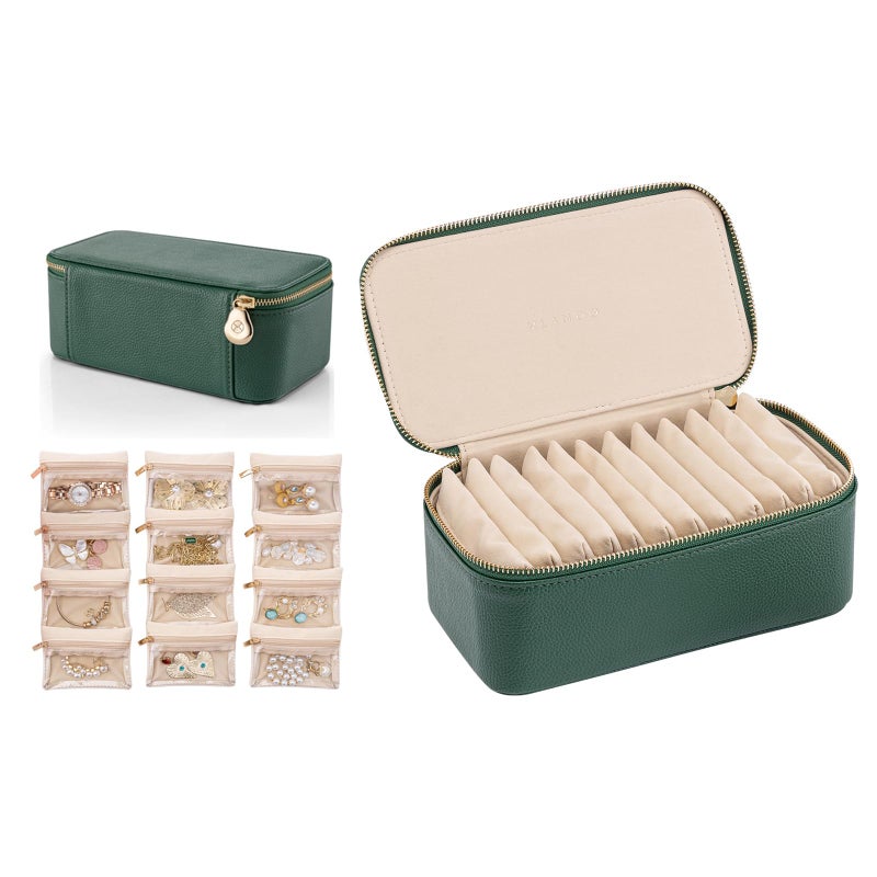 VLANDO Travel Jewelry Box Organizer Portable PU Leather Jewelry Case with 6812 Zippered Pouches Compact Storage for Earrings Rings Necklaces Bracelets Dark Green - Image 2