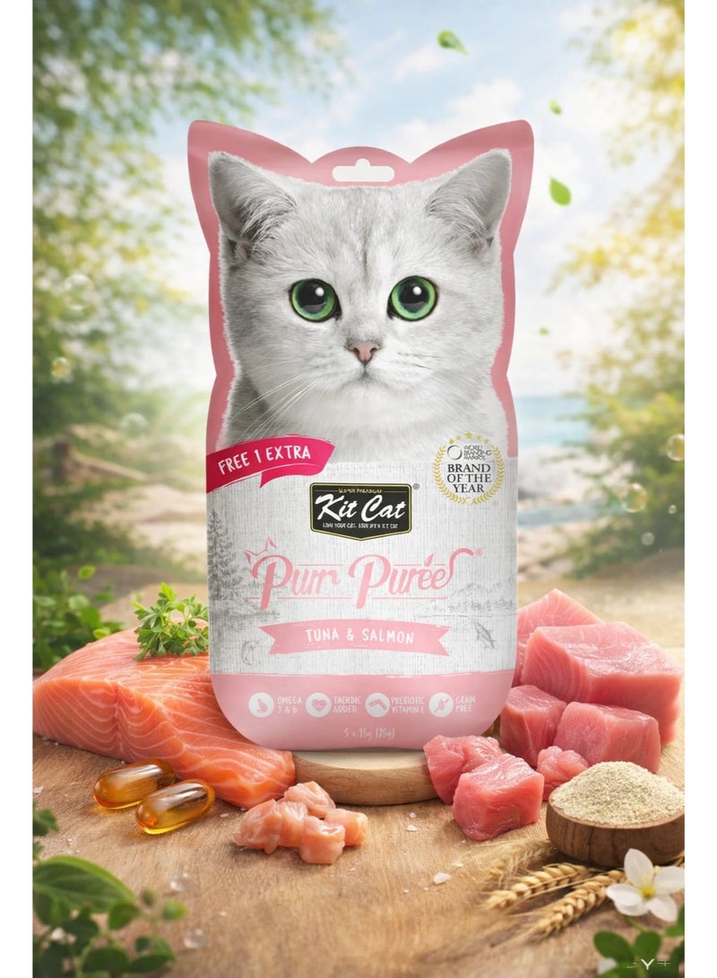 Purr Purée Plus+ Grain-Free Liquid Cat Treats with Fresh Tuna and Salmon, Enriched with Omega 3 and 6, Taurine, Prebiotics, and Vitamin E, Perfect for All Life Stages, 5 x 15g Value Pack with 1 Free Extra Sachet Included for Healthy Hydration.