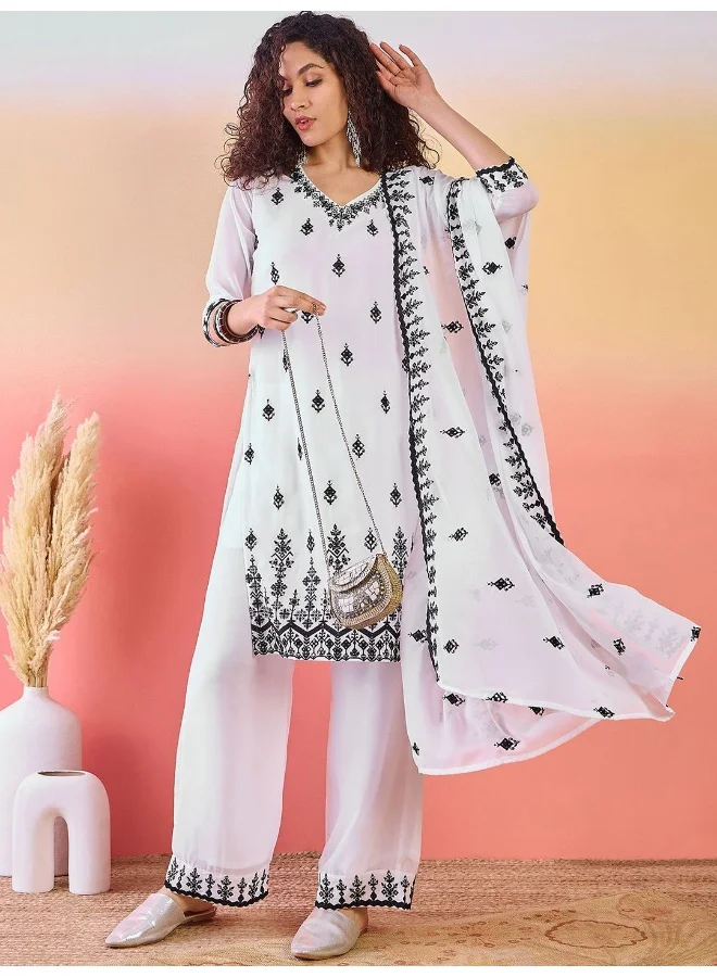 AKS Black Embroidered White Kurta Palazzo Set With Emnroidered Dupatta