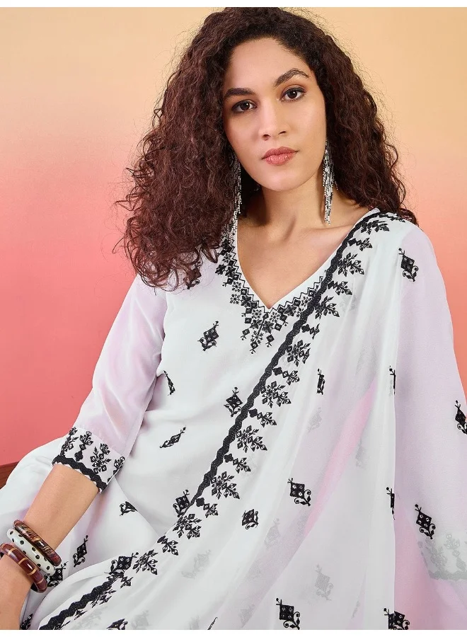 AKS Black Embroidered White Kurta Palazzo Set With Emnroidered Dupatta