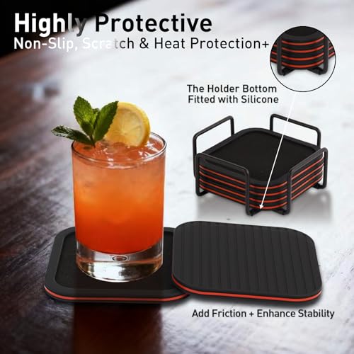 Lexenic Sleek Absorbent Coasters for Drinks with Holder, Silicone Cup Mat with Removable Felt Insert, Non-Slip, Non-Stick, Lovely Gift for Coffee Table Kitchen Decor, 6PCS (Black Red) - Image 4