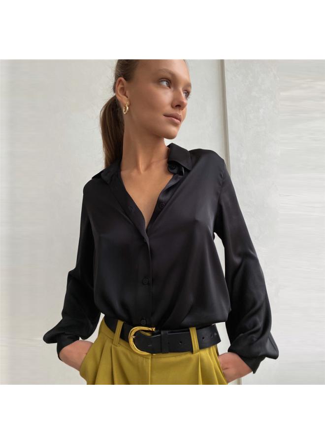 VUELO European And American Spring Long-sleeved Elegant Shirt Lapel Top Women's Glossy Satin Shirt - Image 2