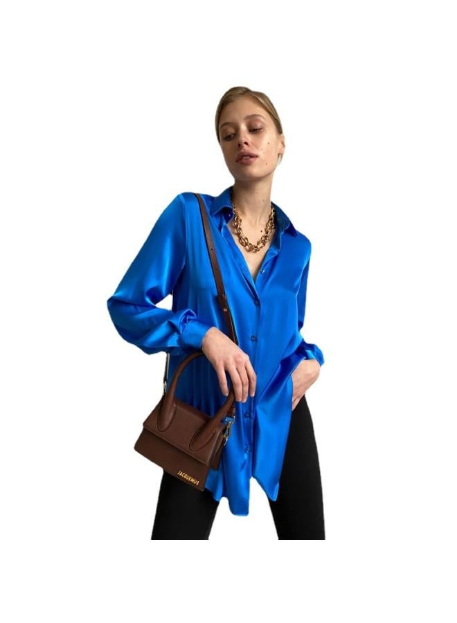 VUELO European And American Spring Long-sleeved Elegant Shirt Lapel Top Women's Glossy Satin Shirt - Image 5