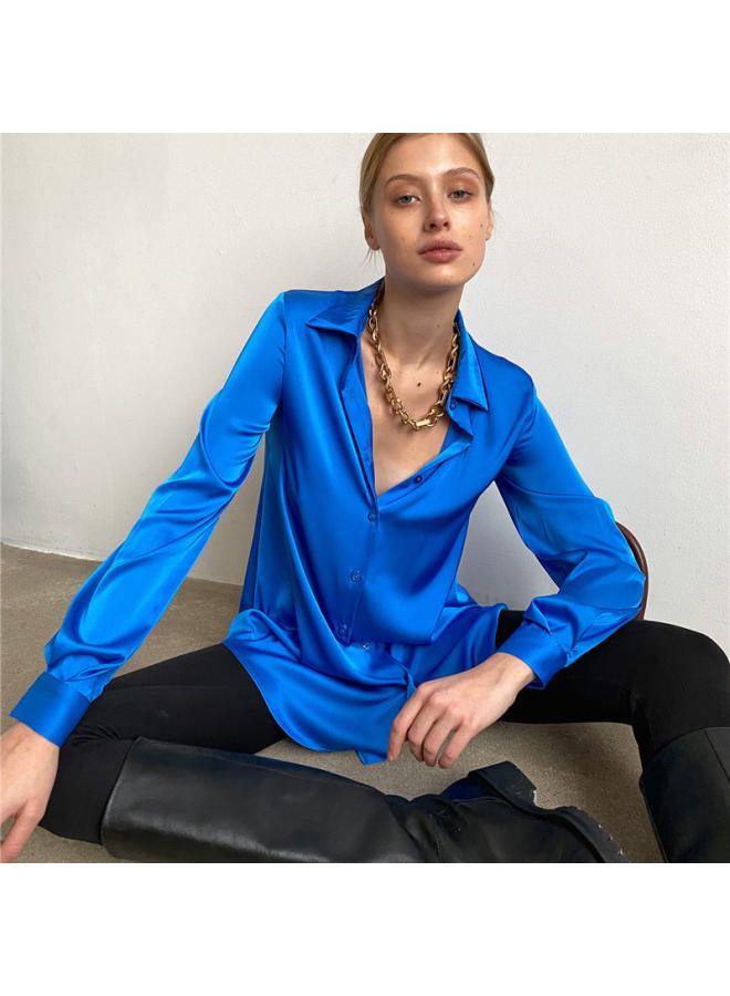 VUELO European And American Spring Long-sleeved Elegant Shirt Lapel Top Women's Glossy Satin Shirt - Image 3