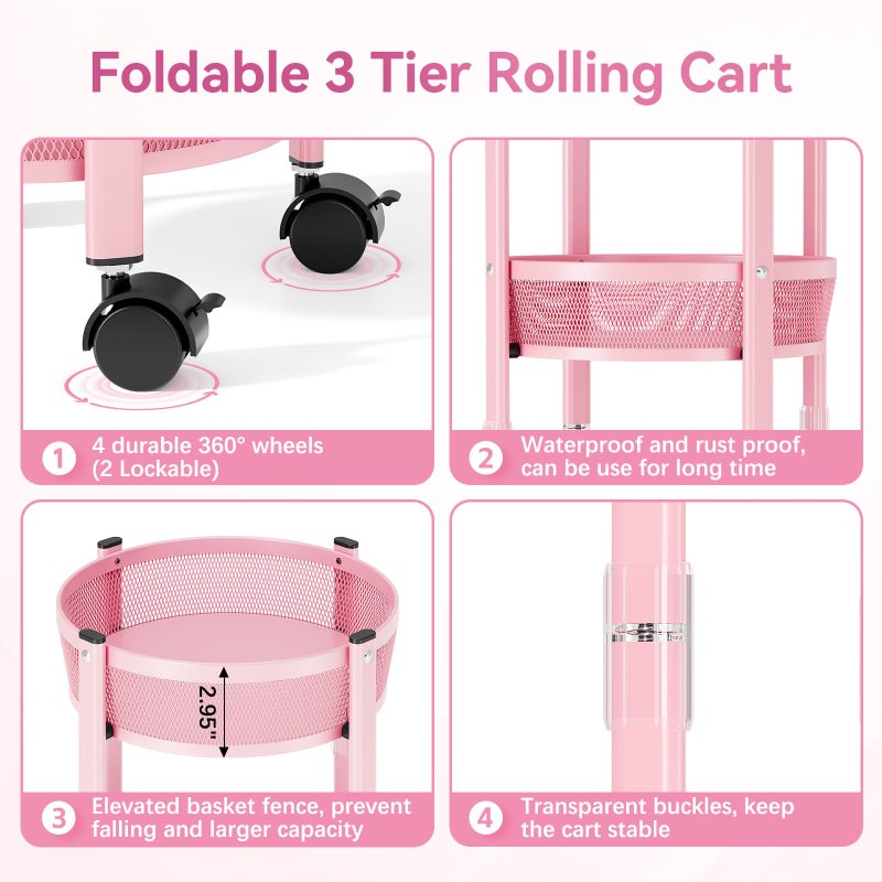 TOOLF 3-Tier Foldable Metal Storage Rolling Cart, Collapsible Utility Cart, No Assemble, Multifunction Organizer Trolley with Lockable Wheels for Kitchen, Living Room, Bathroom, Pink - Image 4