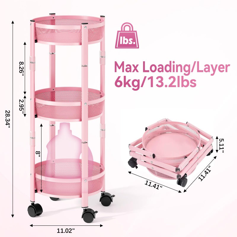 TOOLF 3-Tier Foldable Metal Storage Rolling Cart, Collapsible Utility Cart, No Assemble, Multifunction Organizer Trolley with Lockable Wheels for Kitchen, Living Room, Bathroom, Pink - Image 2