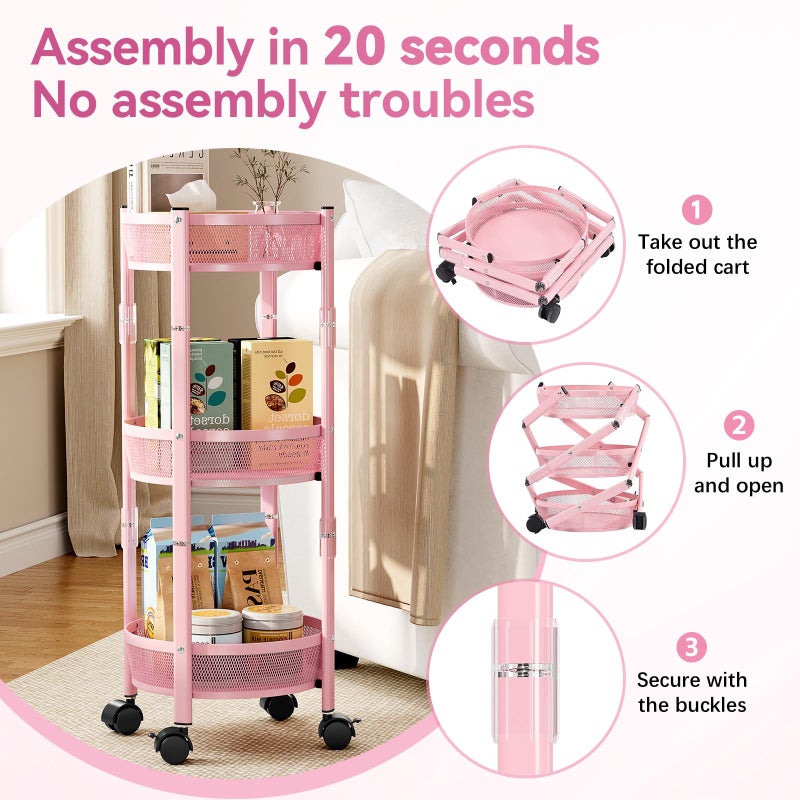 TOOLF 3-Tier Foldable Metal Storage Rolling Cart, Collapsible Utility Cart, No Assemble, Multifunction Organizer Trolley with Lockable Wheels for Kitchen, Living Room, Bathroom, Pink - Image 3