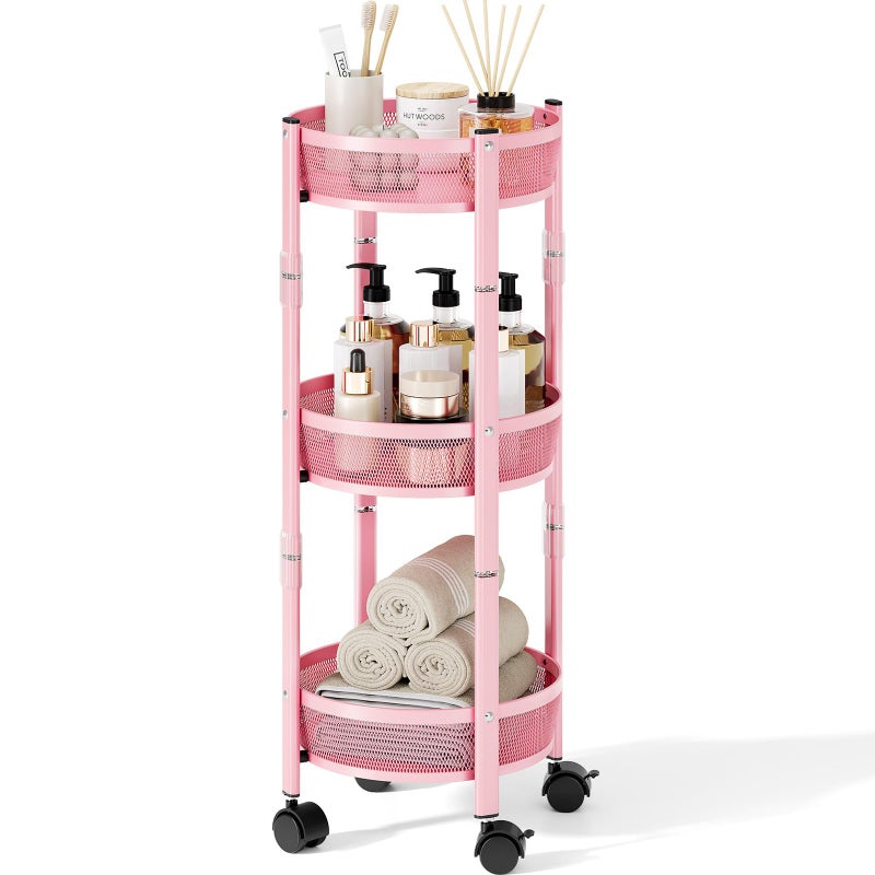 TOOLF 3-Tier Foldable Metal Storage Rolling Cart, Collapsible Utility Cart, No Assemble, Multifunction Organizer Trolley with Lockable Wheels for Kitchen, Living Room, Bathroom, Pink - Image 1