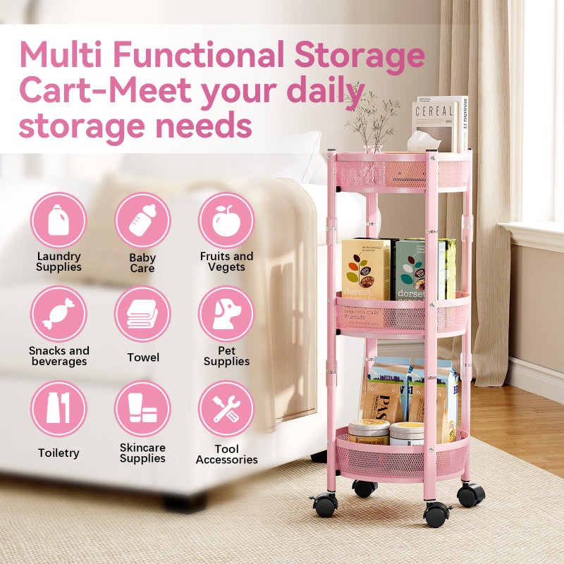 TOOLF 3-Tier Foldable Metal Storage Rolling Cart, Collapsible Utility Cart, No Assemble, Multifunction Organizer Trolley with Lockable Wheels for Kitchen, Living Room, Bathroom, Pink - Image 5