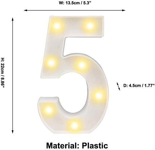 Balloonistics Warm White LED Marquee Number 5 Light - 9-Inch Cordless Battery-Operated Night Light - Standing Sign for 5th Birthday, Anniversary, Wedding & Home Decor (Number 5) - Image 3