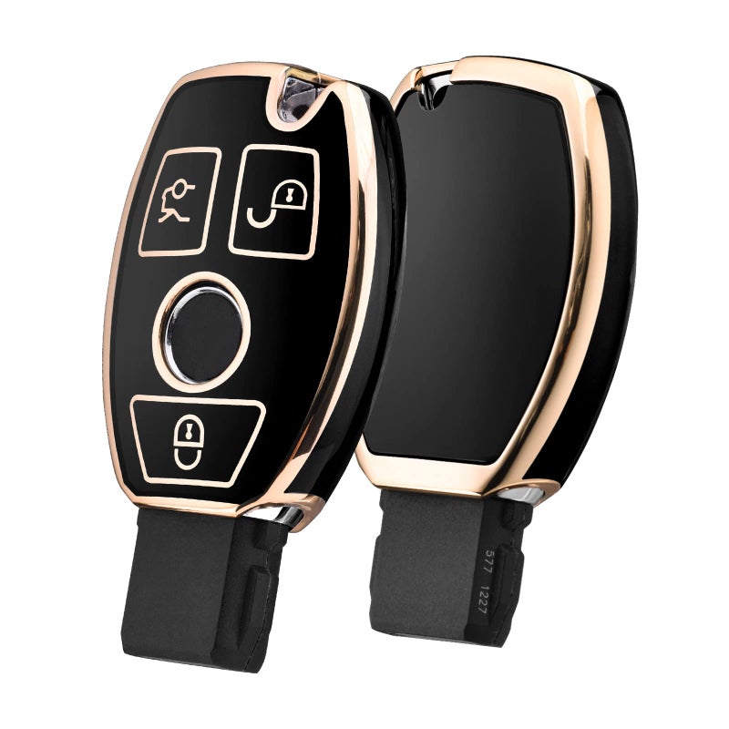 ELOHEI For Mercedes Benz Key Fob Cover, Premium Soft TPU Key Case Cover Compatible with Mercedes Benz C E S M CLS CLK G Class Keyless Smart Key Fob (Gold Edge Black)