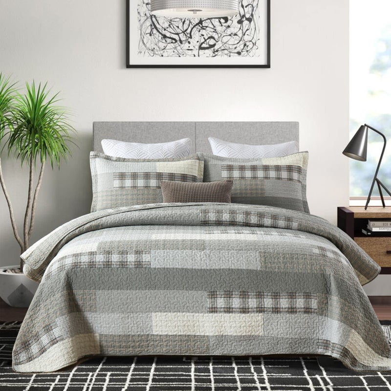 PANGUSHAN Quilt Set King Size100 Cotton Quilt Bedspread Bedding SetGreyGrayCreamKhaki Patchwork Plaid Farmhouse Rustic Reversible Lightweight Comforter Bed Cover King BedAll Season3 Pieces